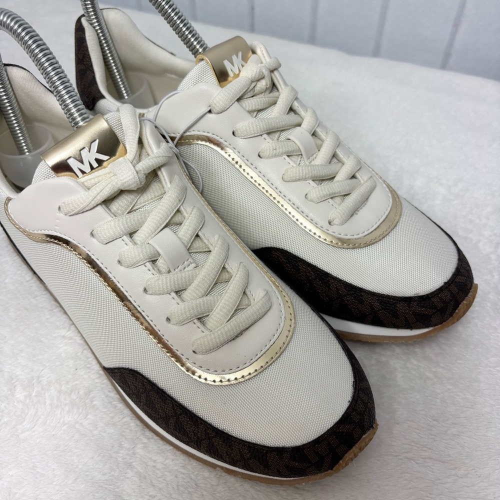 Michael Kors Cream & Brown Logo Sneakers Casual Lace-Up Shoes - Picture 3 of 10